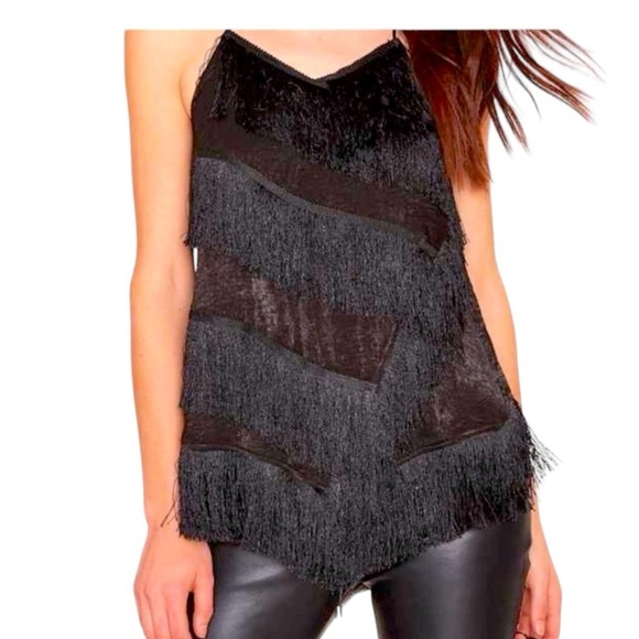 JOA Fringe & Satin Black Asymmetrical Racerback Halter Top Edgy Moto Sexy Size M - Picture 2 of 12